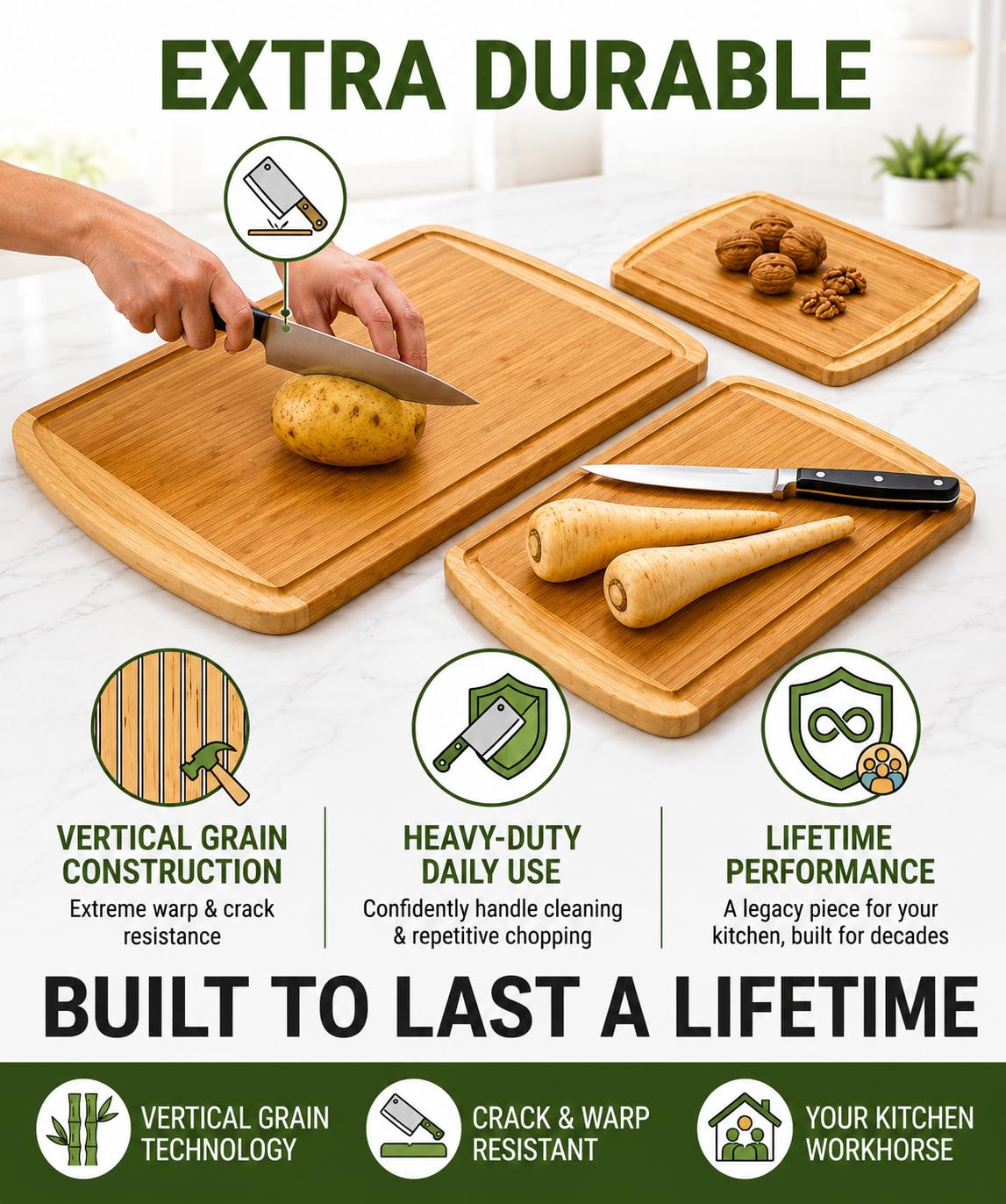 Greener Chef planche comparaison taille avec couteau, montre espace utile