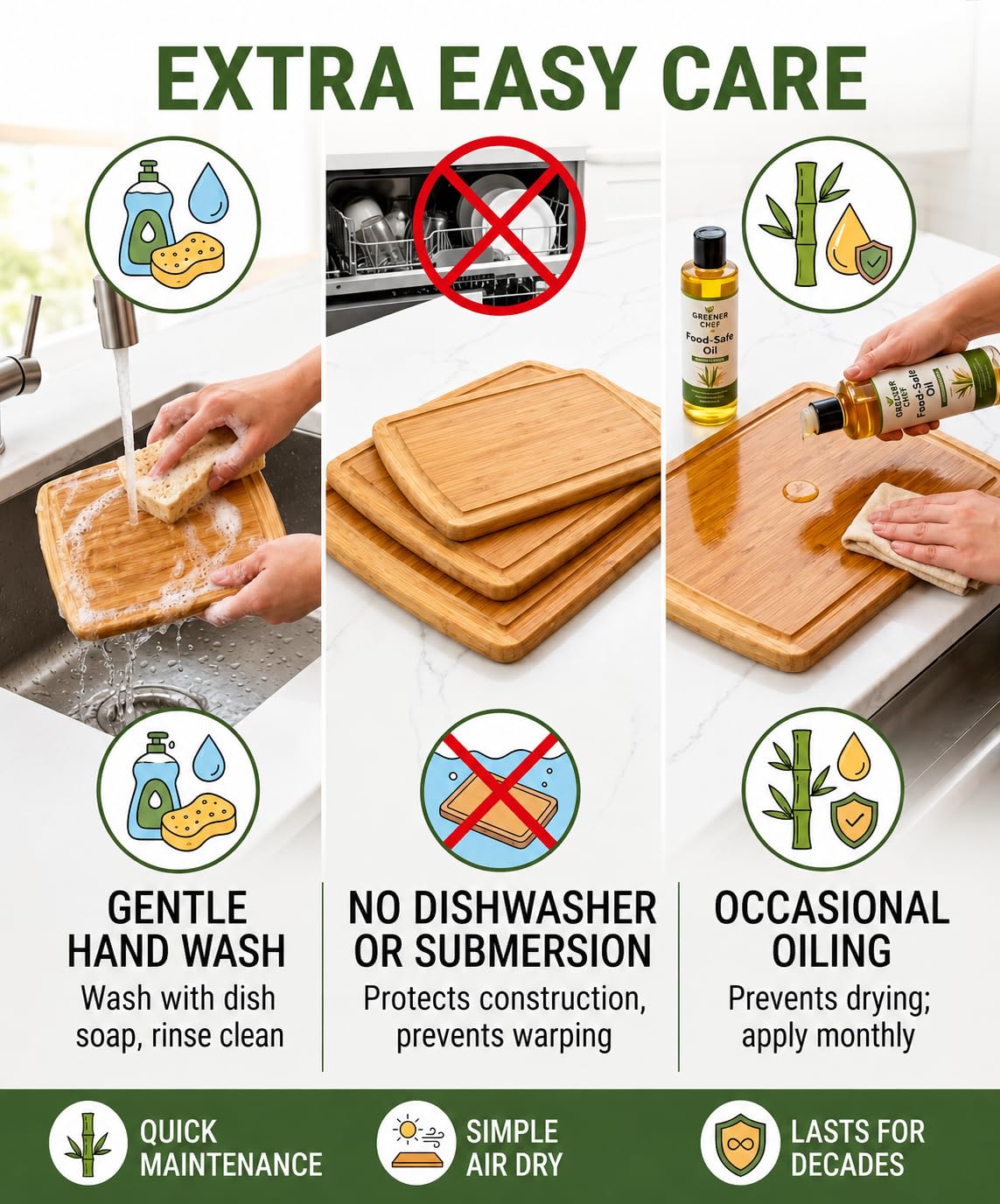 Greener Chef planche en cuisine moderne, style durable et professionnel