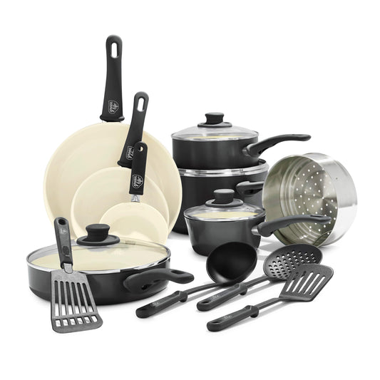 GreenLife coffret 16 pièces présenté sur plan de travail, gain de place