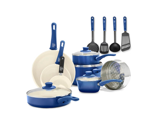 GreenLife vue d'ensemble 16 pièces bleu pour cuisine complète et gain de place