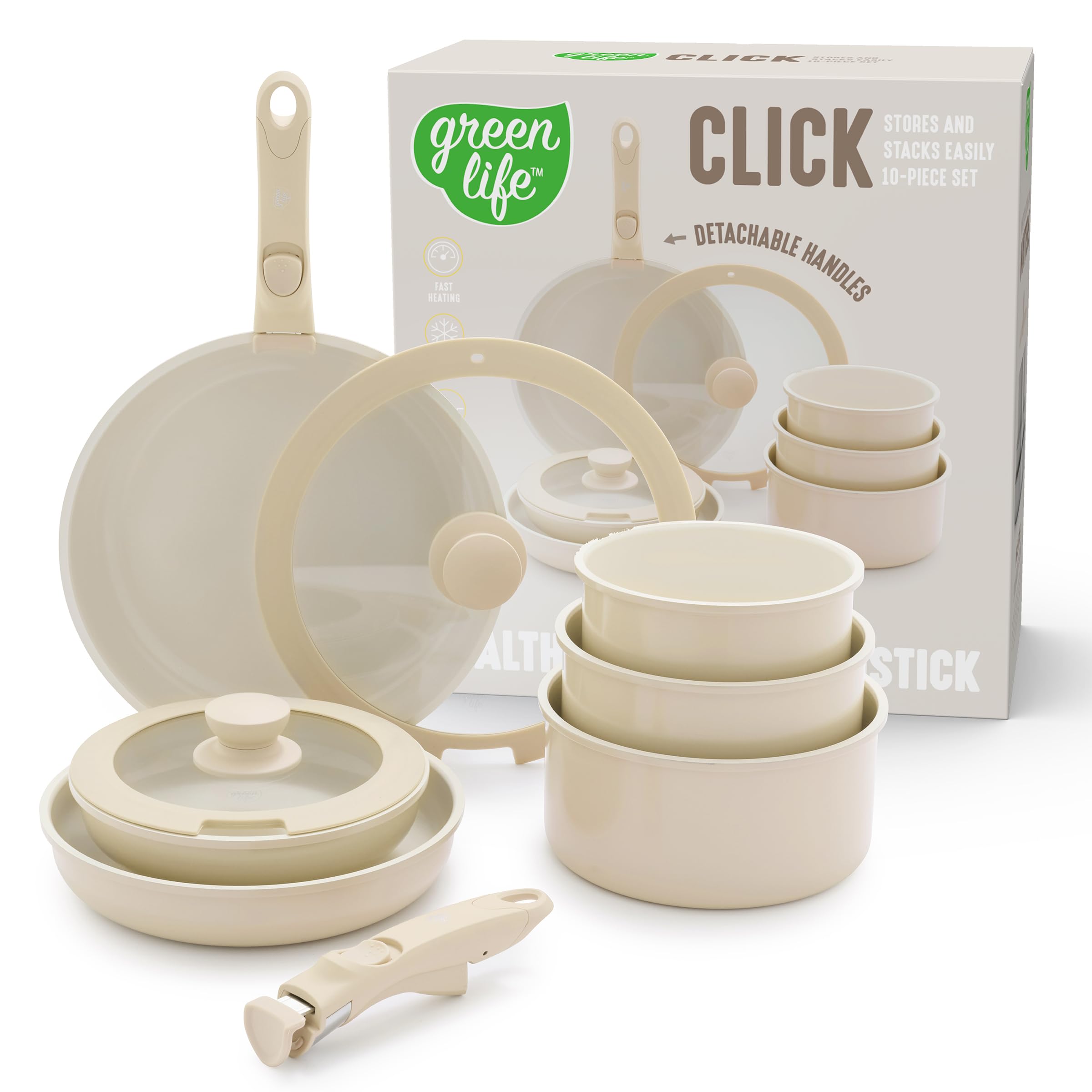 GreenLife vue avant de l’ensemble 10 pièces, esthétique tachetée crème, gain d’espace