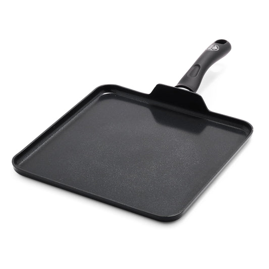 GreenLife vue de face de la poêle gril 11" montrant la surface plate et élégante