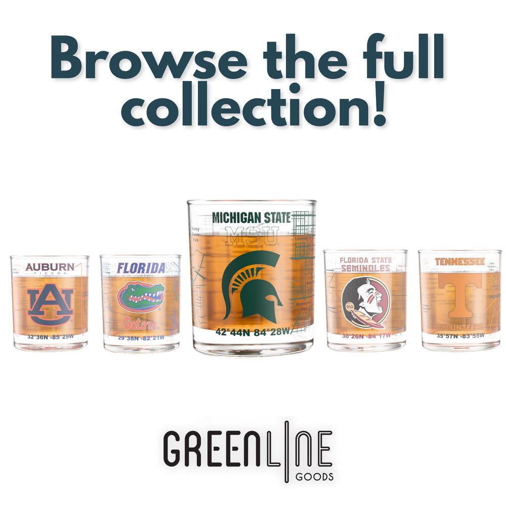 Greenline Goods verre posé sur bar, met en valeur le design universitaire