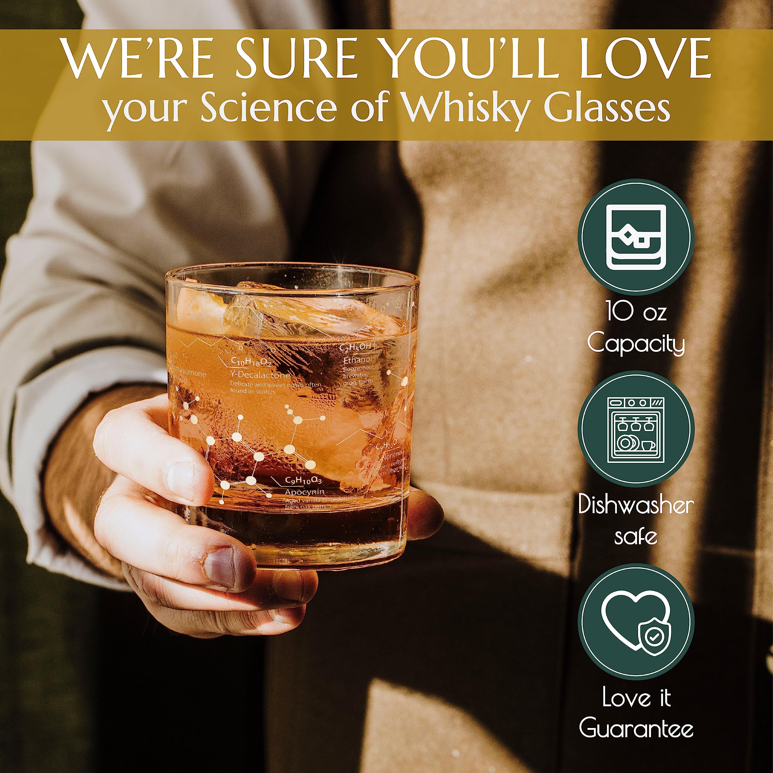 Greenline Goods verre en usage avec whisky illustrant confort de prise et service