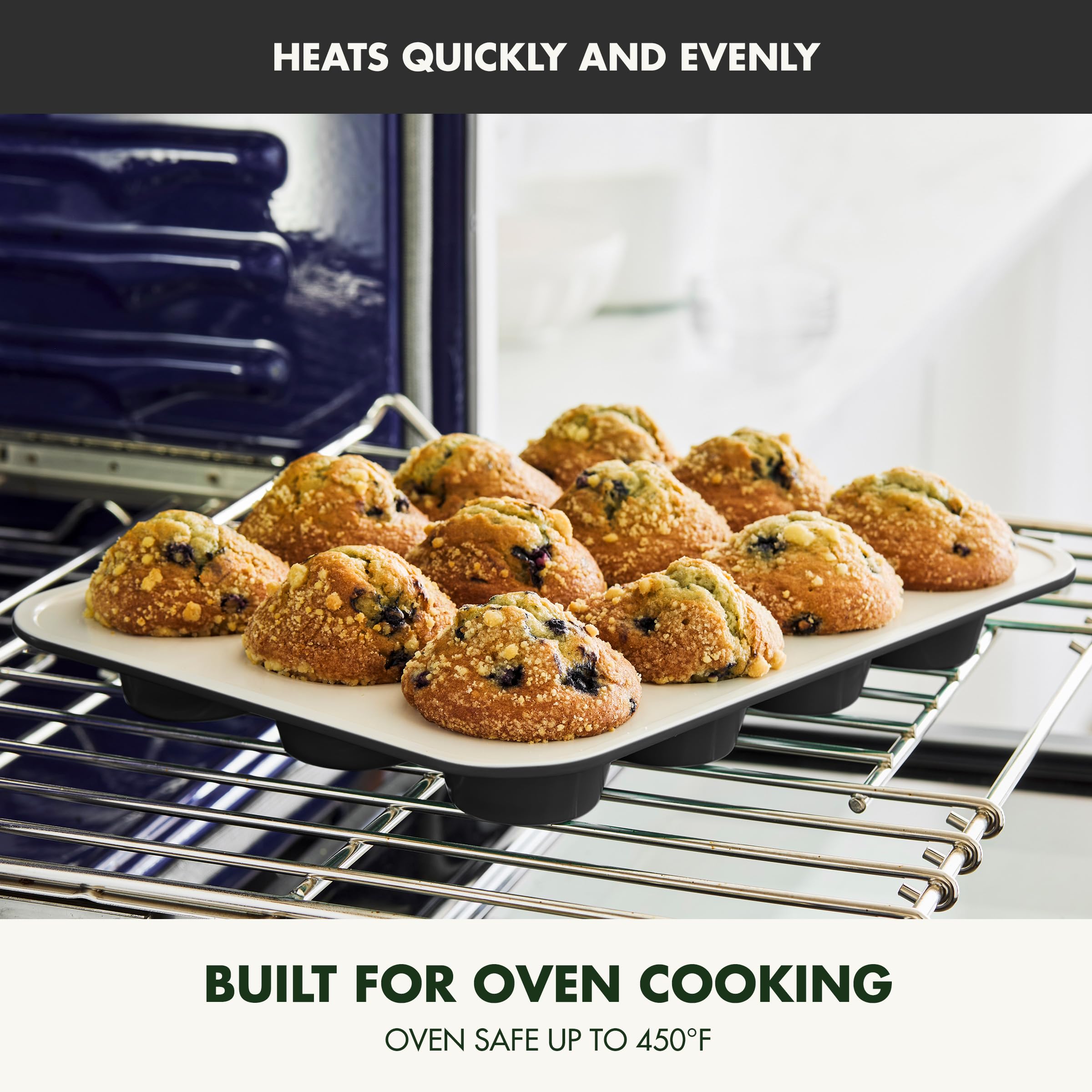 GreenPan moule placé au four démontrant sécurité jusqu'à 450°F et cuisson polyvalente