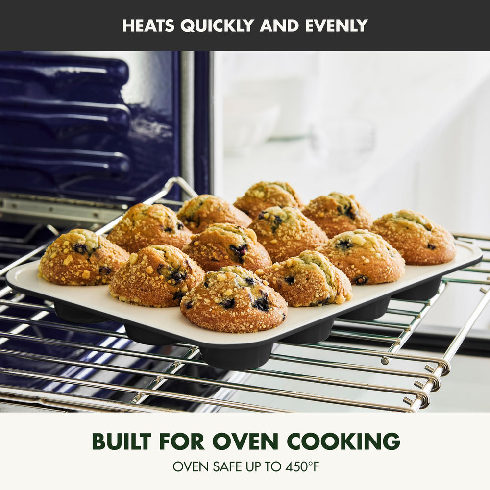 GreenPan moule placé au four démontrant sécurité jusqu'à 450°F et cuisson polyvalente