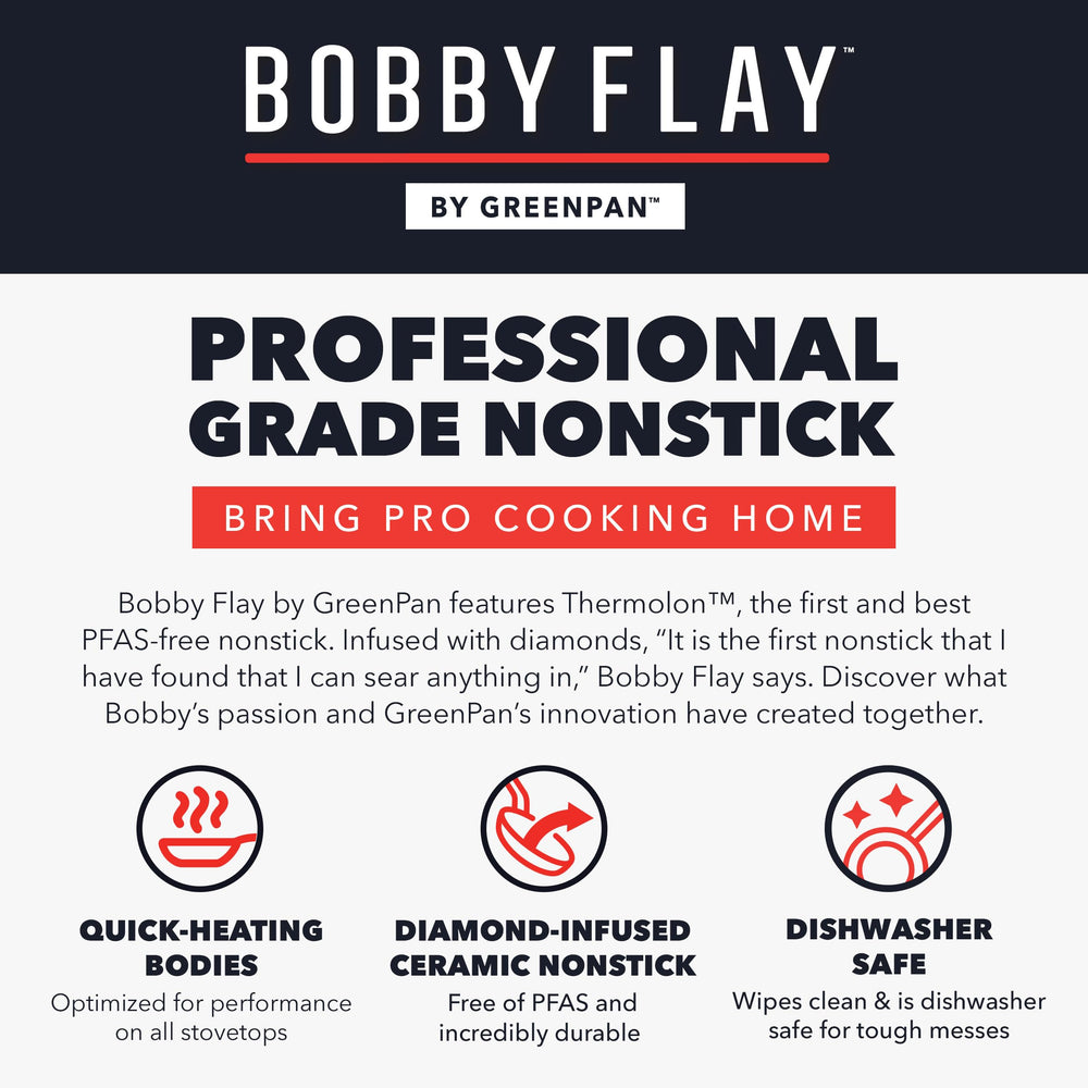 GreenPan x Bobby Flay emballage du lot prêt à offrir avec guide d'utilisation