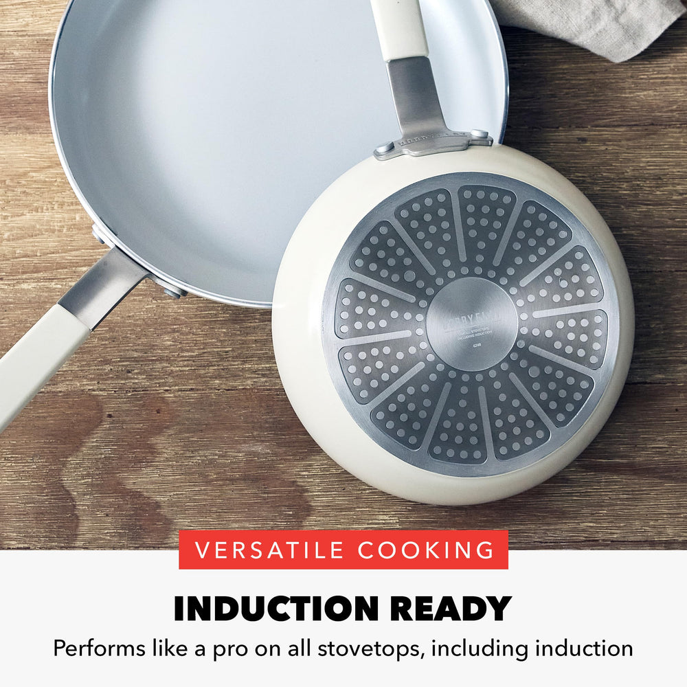 GreenPan x Bobby Flay dessous de la poêle montrant base compatible induction pour performances
