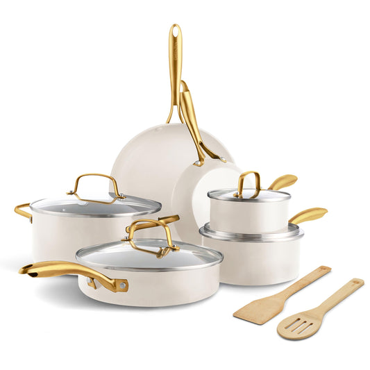 GreenPan vue d’ensemble du kit 12 pièces montrant les casseroles et poêles pratiques