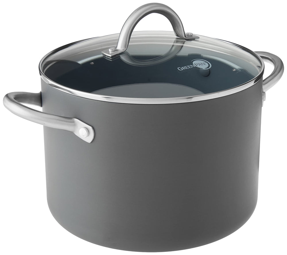 GreenPan faitout Lima gris avant avec couvercle montrant capacité et design