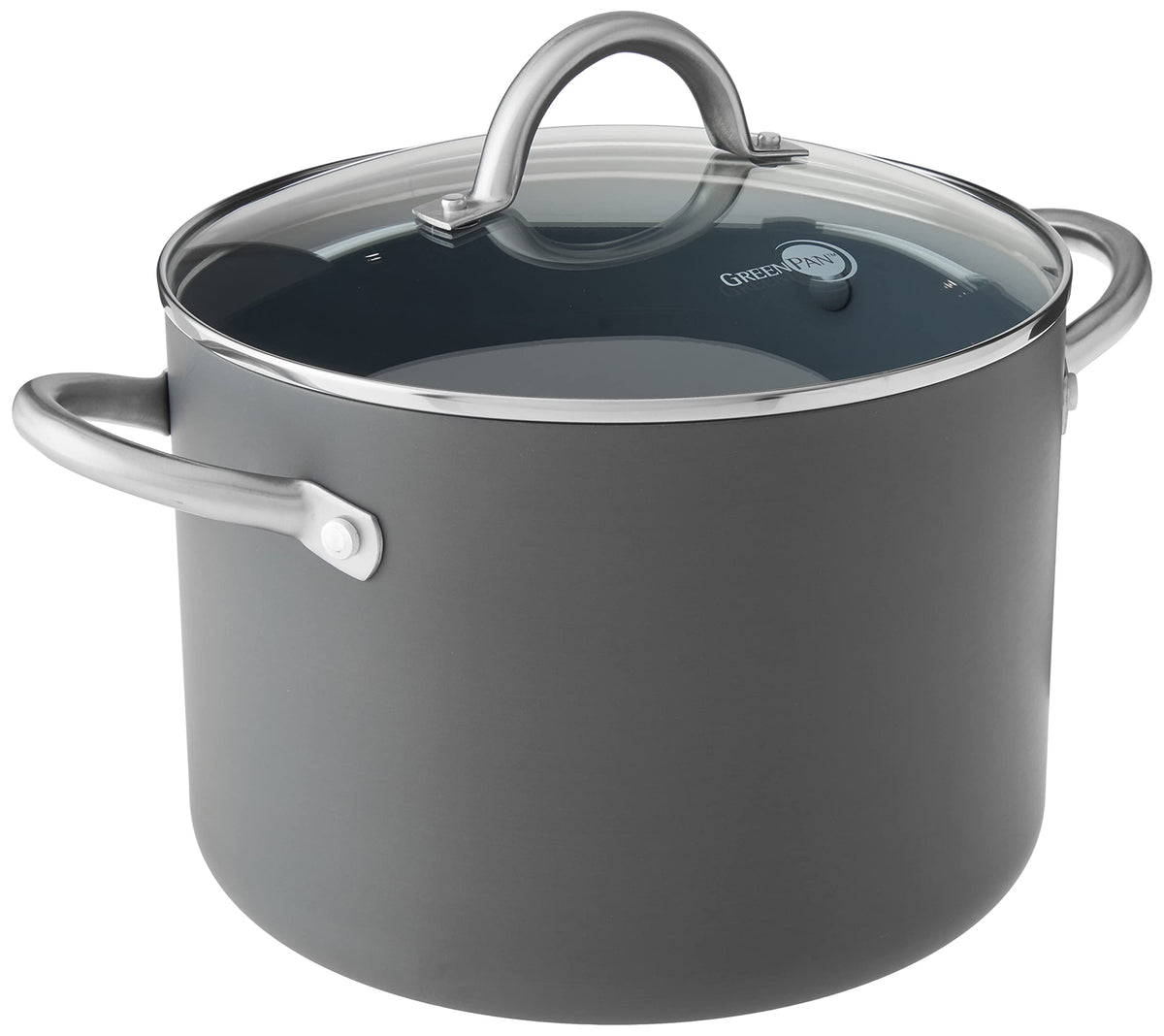 GreenPan faitout Lima gris avant avec couvercle montrant capacité et design