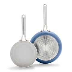 GreenPan poêle face avant montrant finition océan bleu et avantage antiadhérent