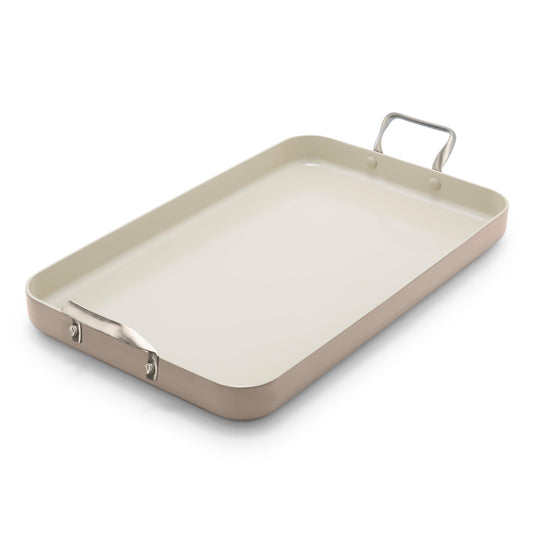 GreenPan plancha face taupe montrant large surface et gain de place