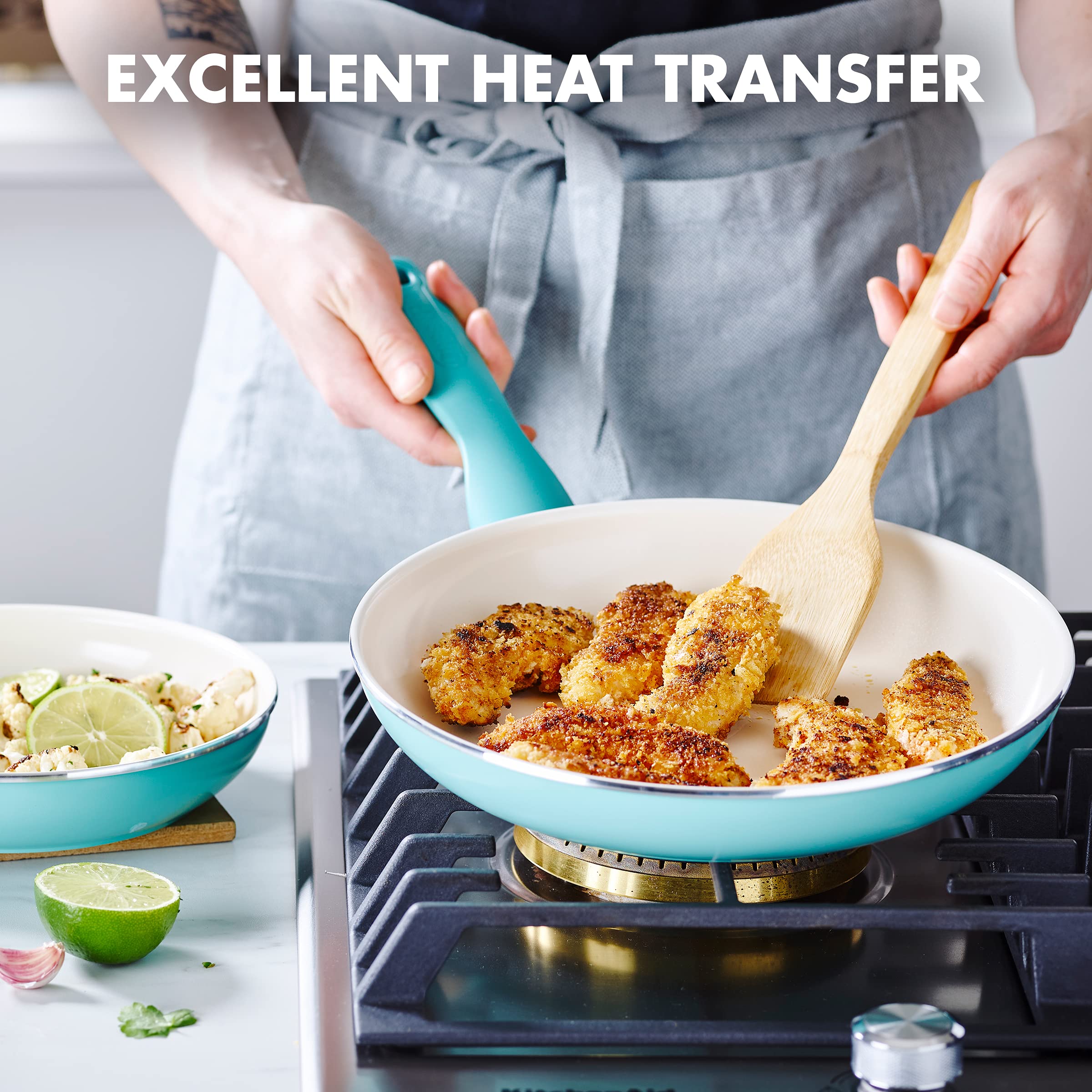 GreenPan comparaison d'échelle montrant dimensions 8 pouces et 10 pouces