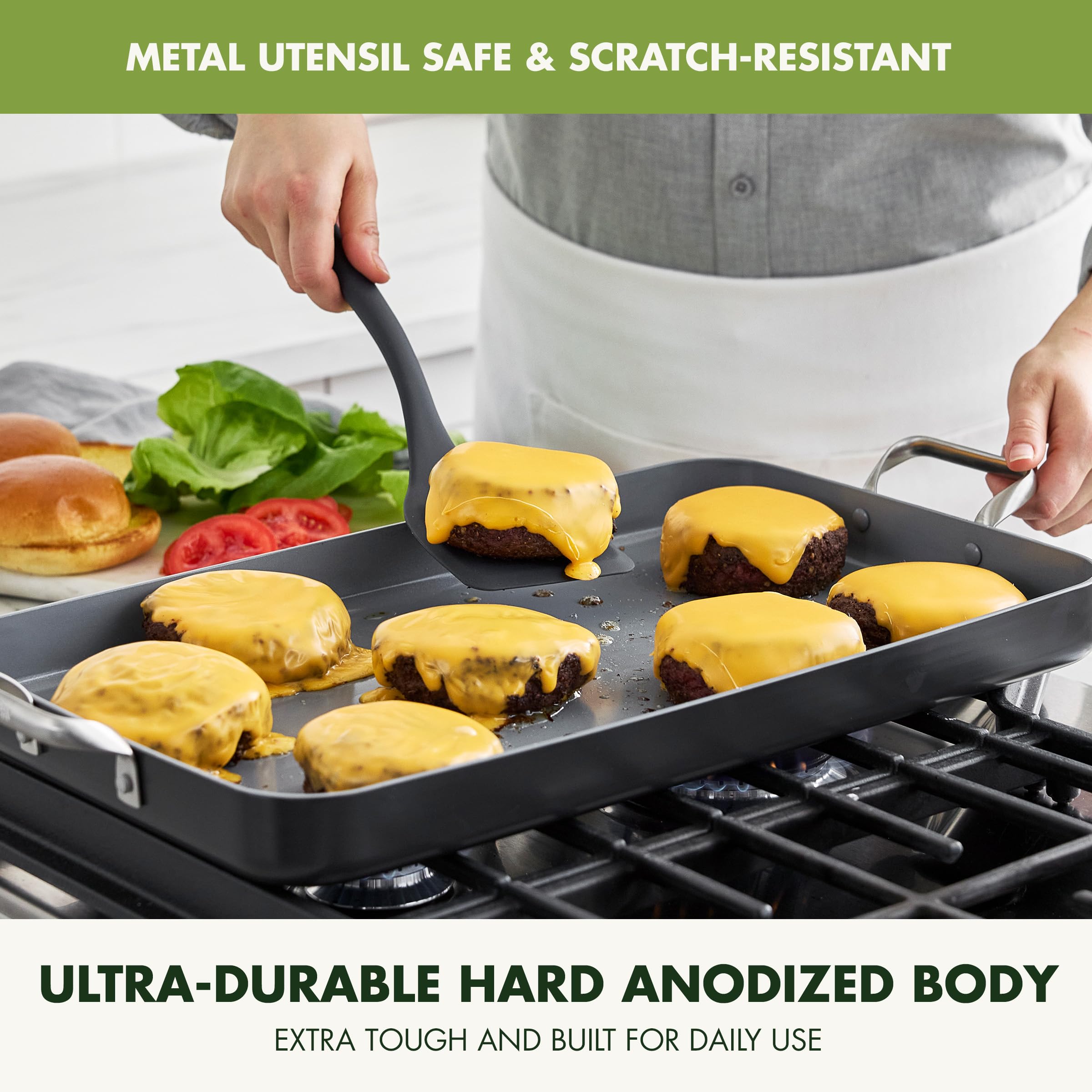 GreenPan plancha en cuisson crêpes illustrant surface uniforme et antiadhérence