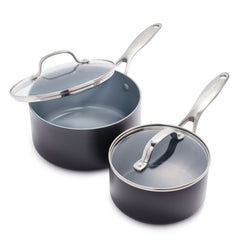 GreenPan vue avant du lot avec boîtes et couvercles, qualité durable