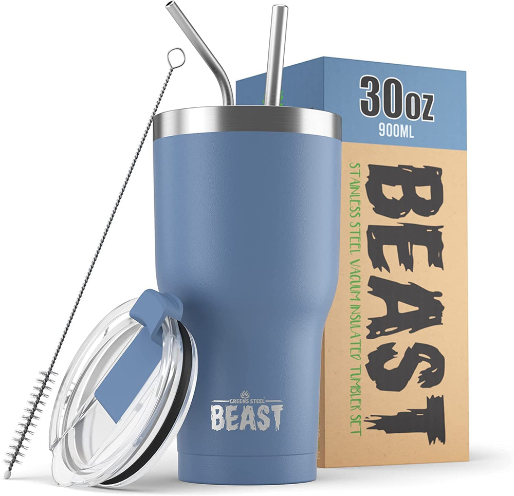 Greens Steel vue avant du gobelet 30 oz bleu montrant design et finition