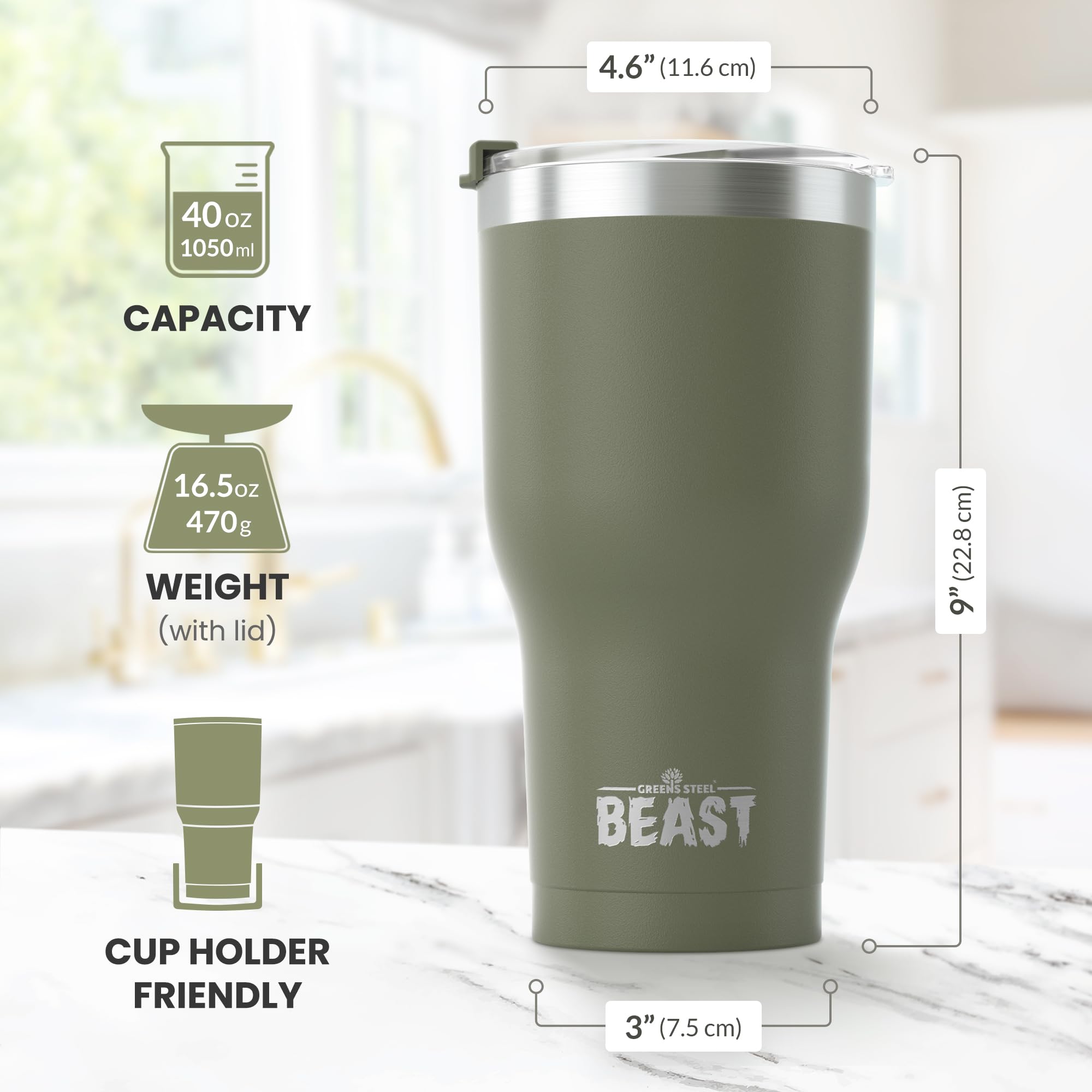Greens Steel comparaison échelle main montre capacité 40 oz facilement