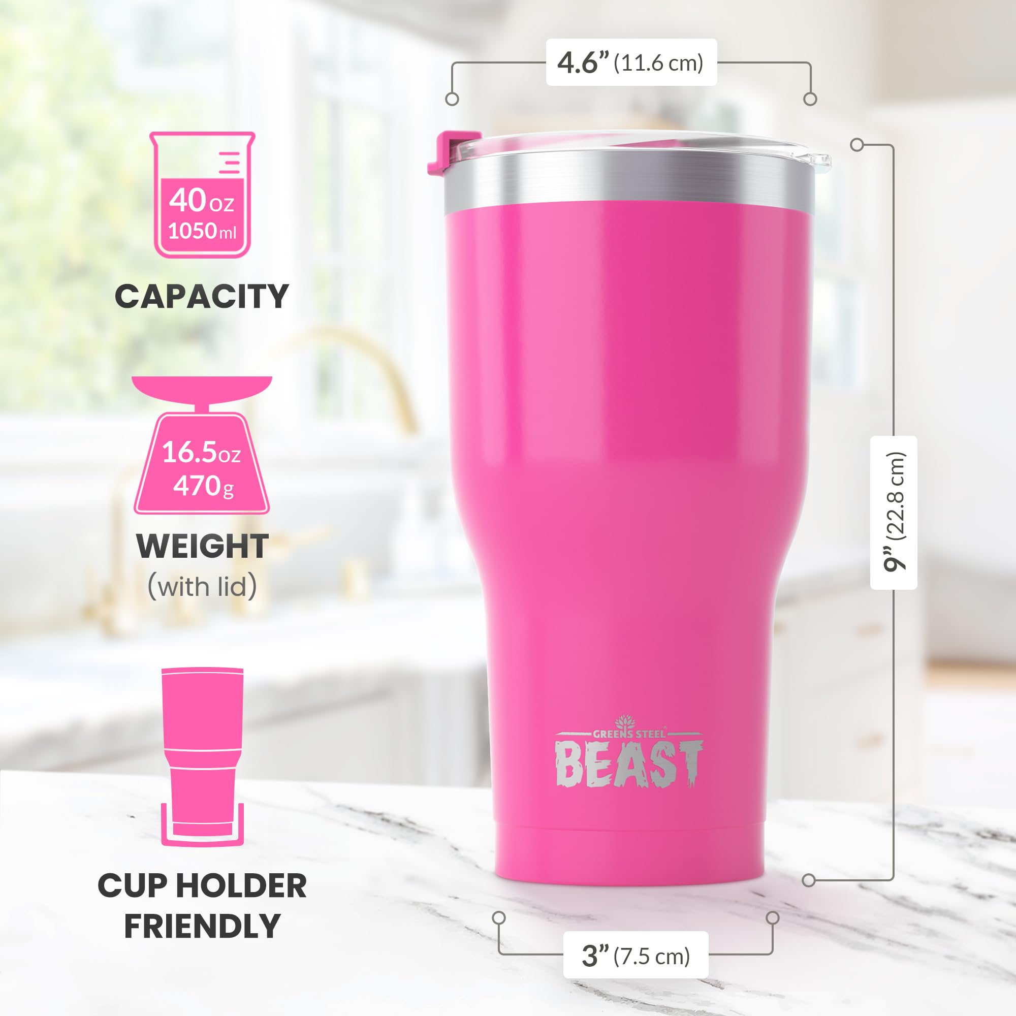 Greens Steel tumbler en usage lors d'un trajet montrant portabilité et confort