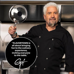 Guy Fieri's Flavortown gros plan sur surface inox montrant répartition homogène chaleur