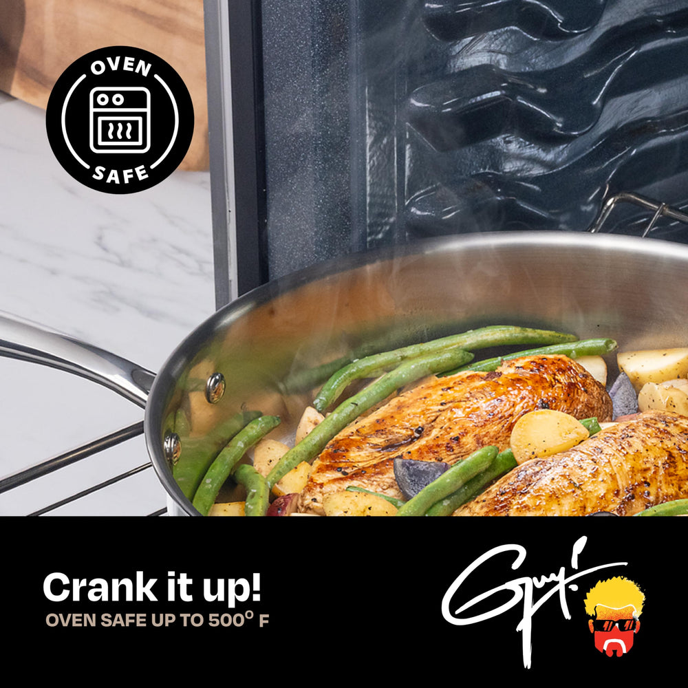 Guy Fieri's Flavortown coupe base tri-ply montrant cœur aluminium pour chaleur