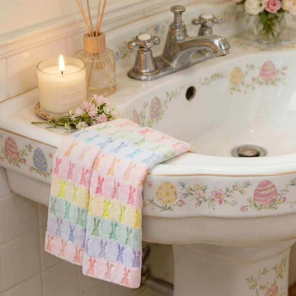 Ensemble Hahafelt suspendu sur porte-serviette dans salle de bain, apporte charme printanier