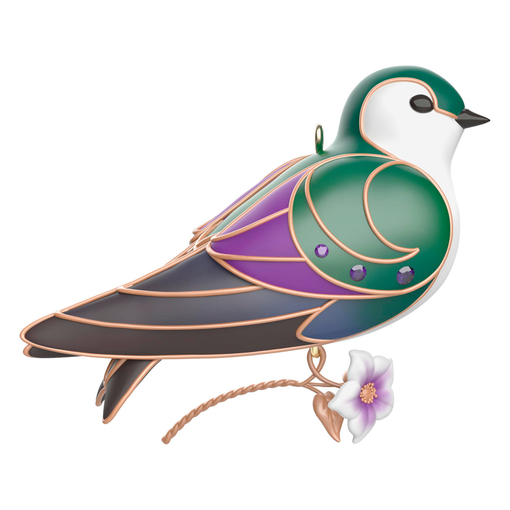 Hallmark Keepsake ornement face avant montrant oiseau violet-vert et accents dorés pour élégance