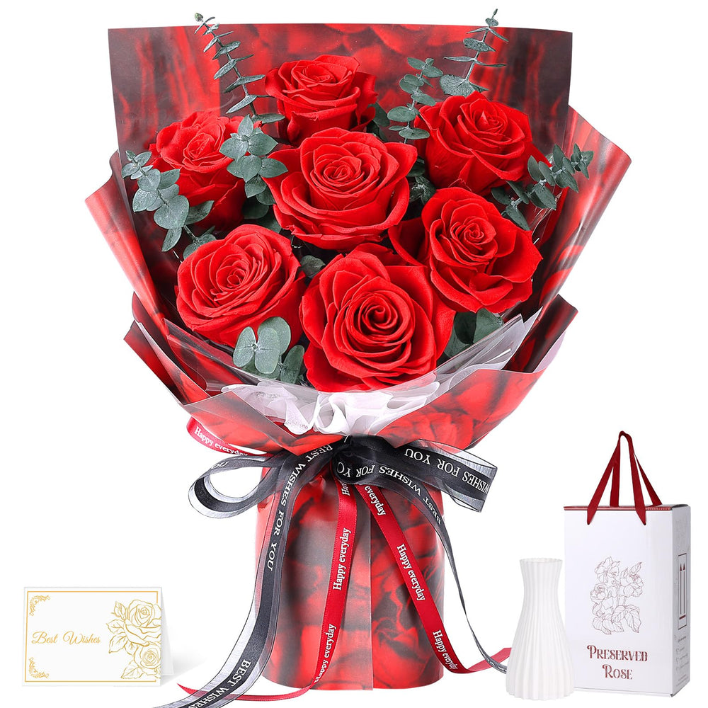 Hanameguri 7 roses rouges devant, offre élégance durable