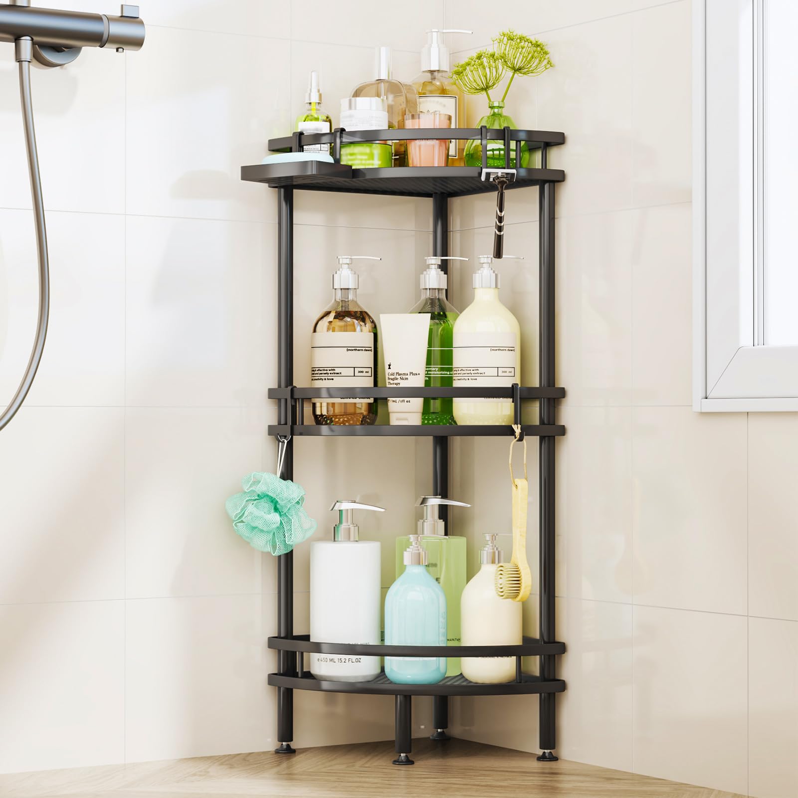 HapiRm vue frontale de l'étagère d'angle noire présentant rangement compact et gain de place