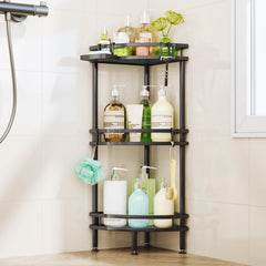 HapiRm vue frontale de l'étagère d'angle noire présentant rangement compact et gain de place