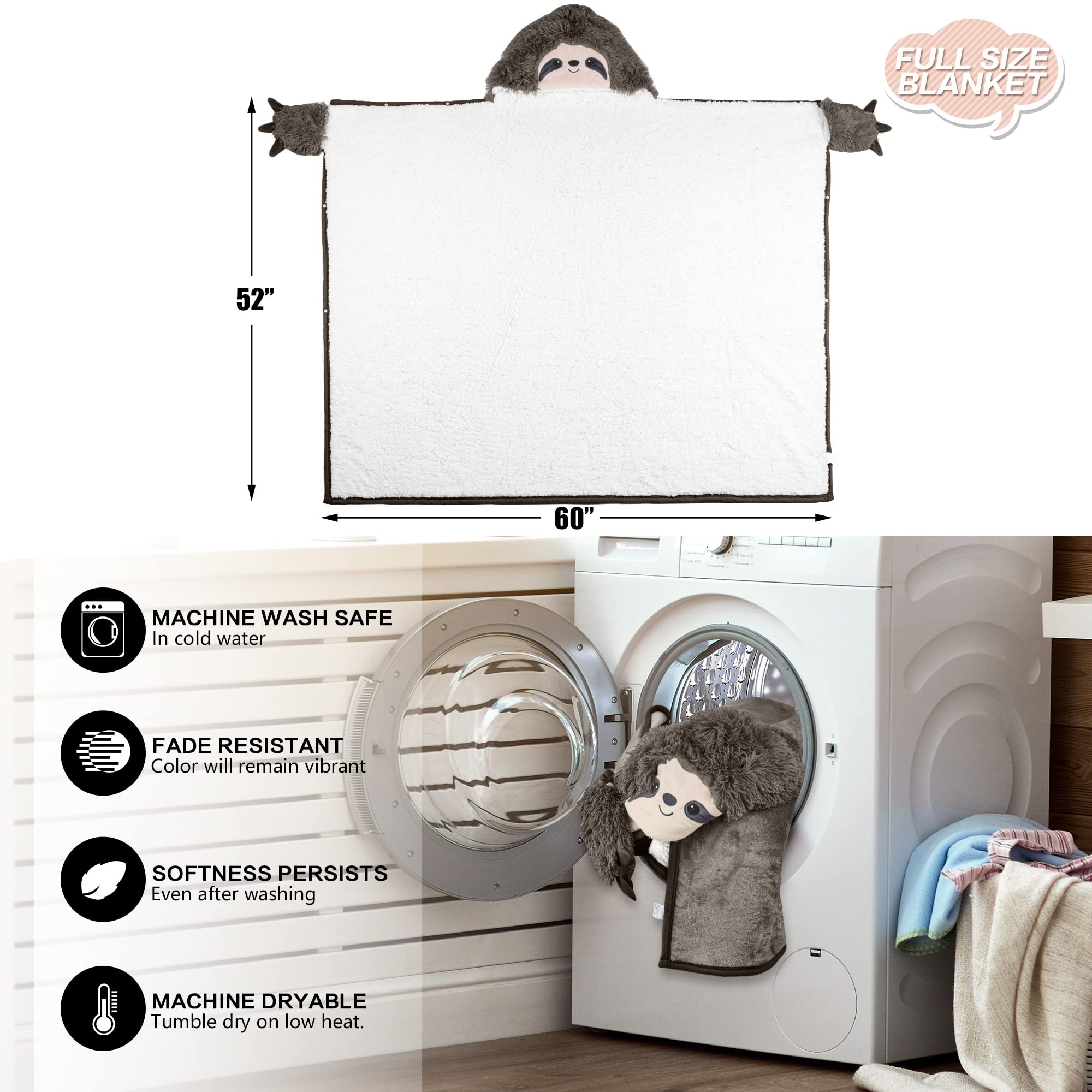 Happy Fuel sloth comparaison taille avec chaise, couverture généreuse et couvrante