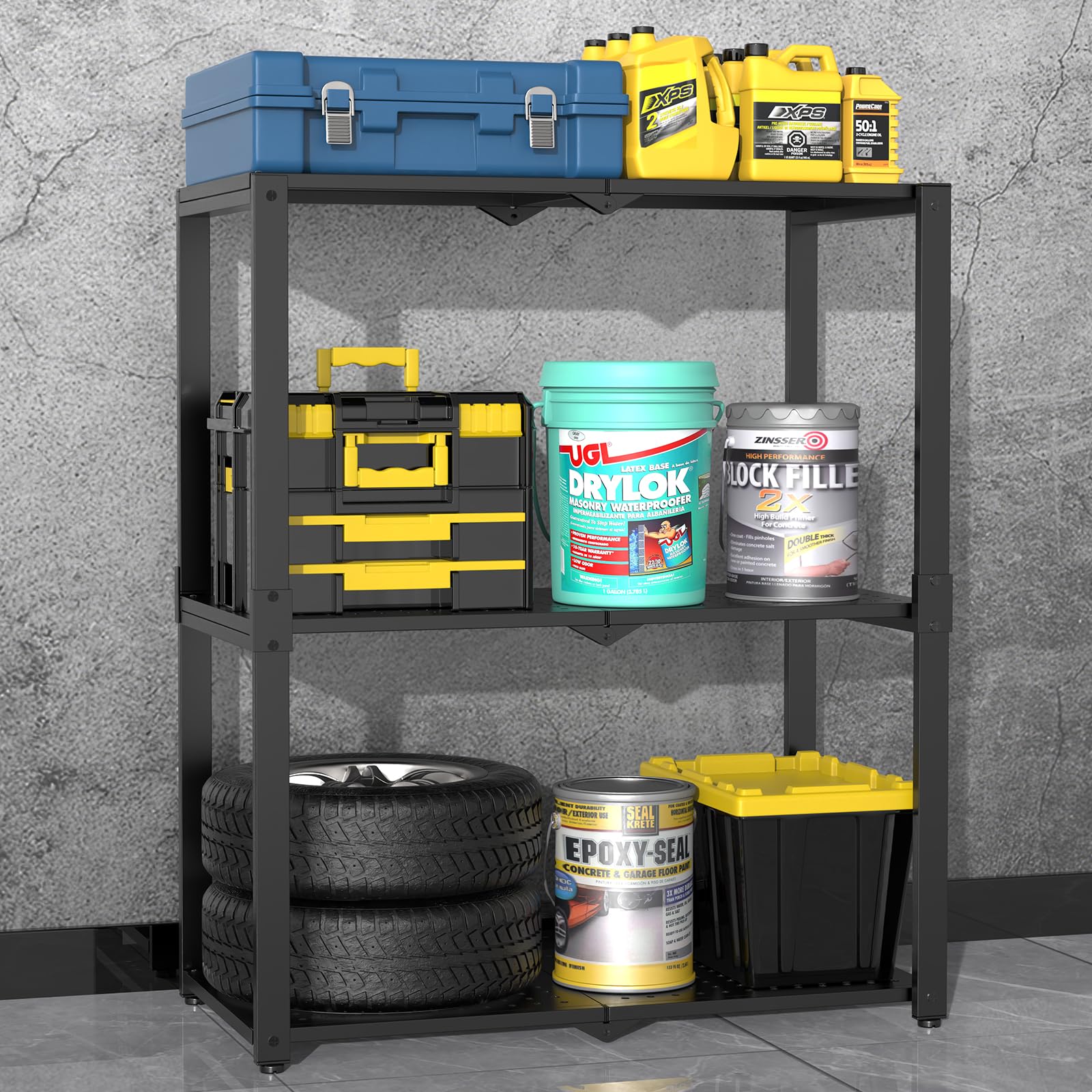 Hastatii étagère en usage dans un garage illustrant rangement optimisé