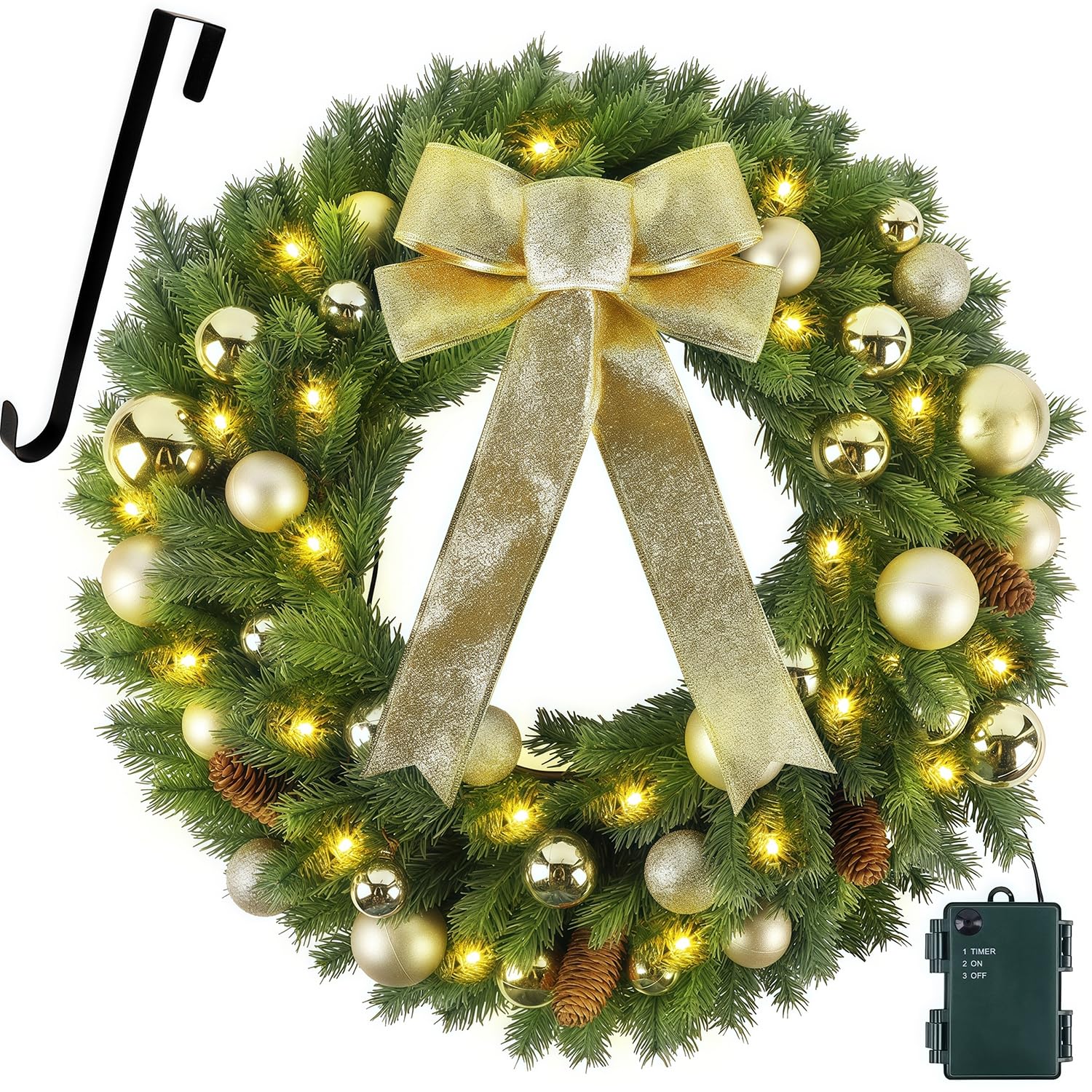 Hausse couronne Noël vue de face montrant décor doré et LED pour ambiance chaleureuse