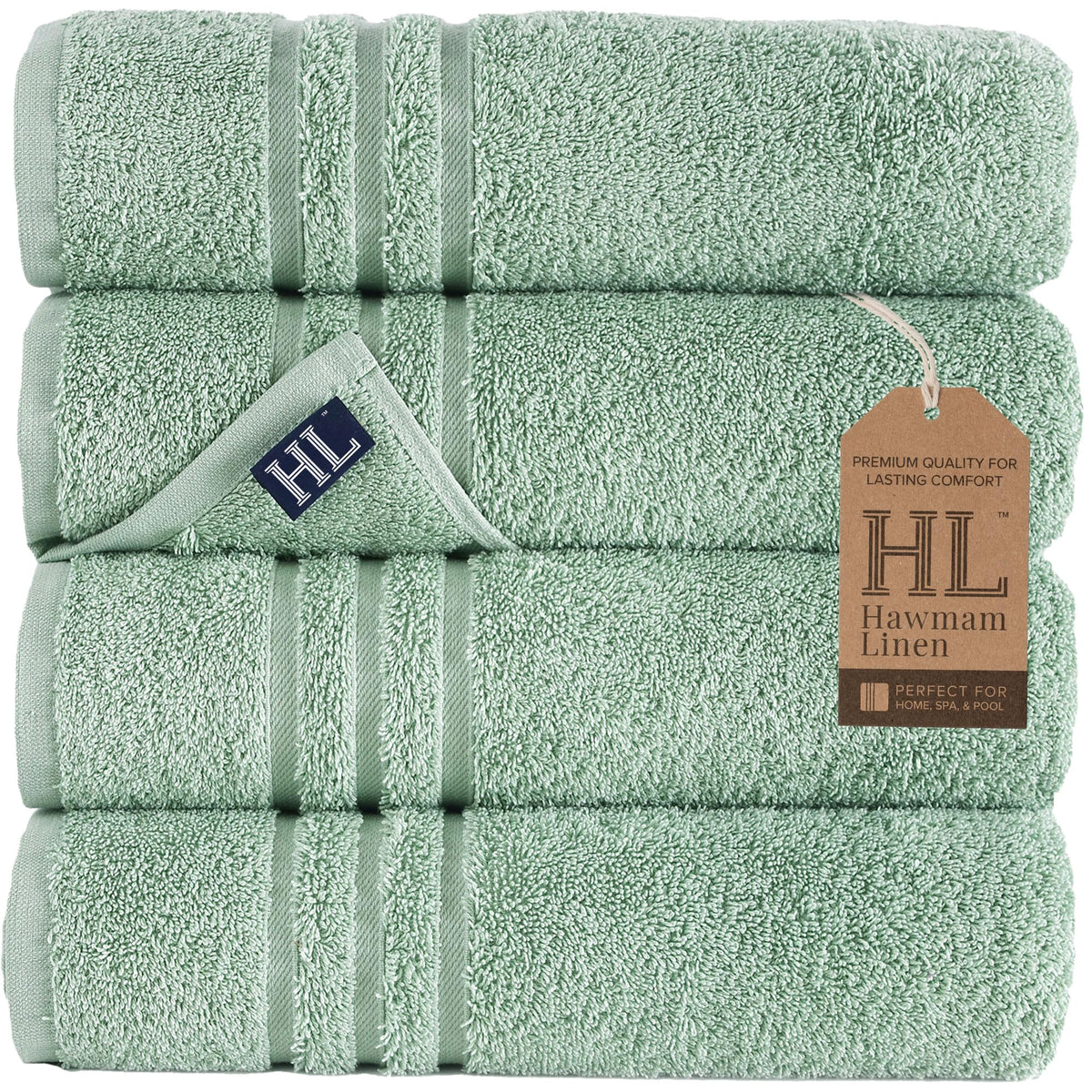 Hawmam Linen serviette pliée vert clair, apparence soignée et absorbance élevée