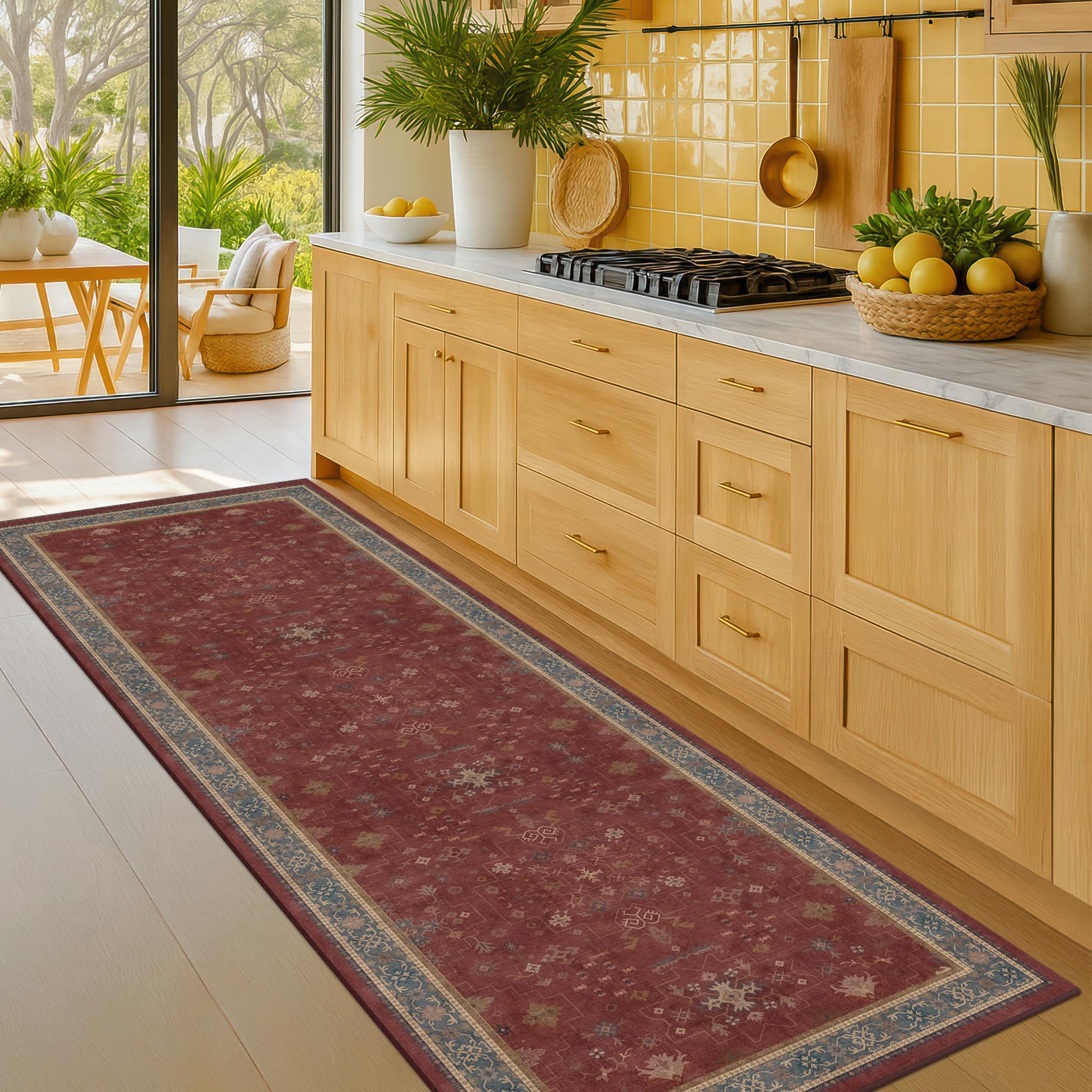 Hazo Haus vue avant du tapis montrant motif oriental et couleur bordeaux