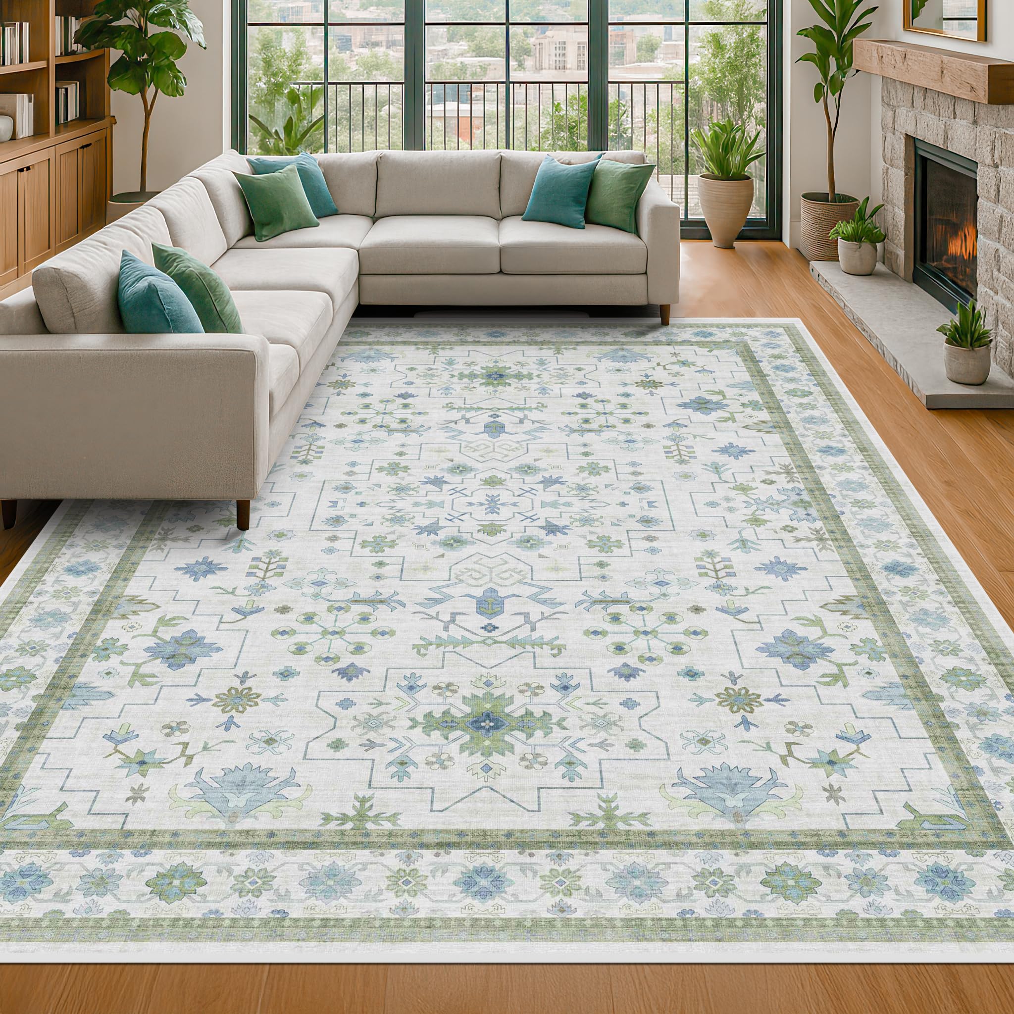Hazo Haus vue frontale du tapis 8x10 montrant le motif crème bleu vert et l'effet boho