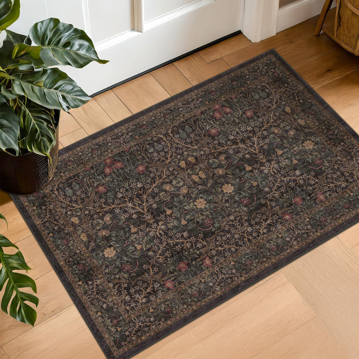 Hazo Haus tapis Boho Brown face avant motif floral vintage, apporte chaleur décorative