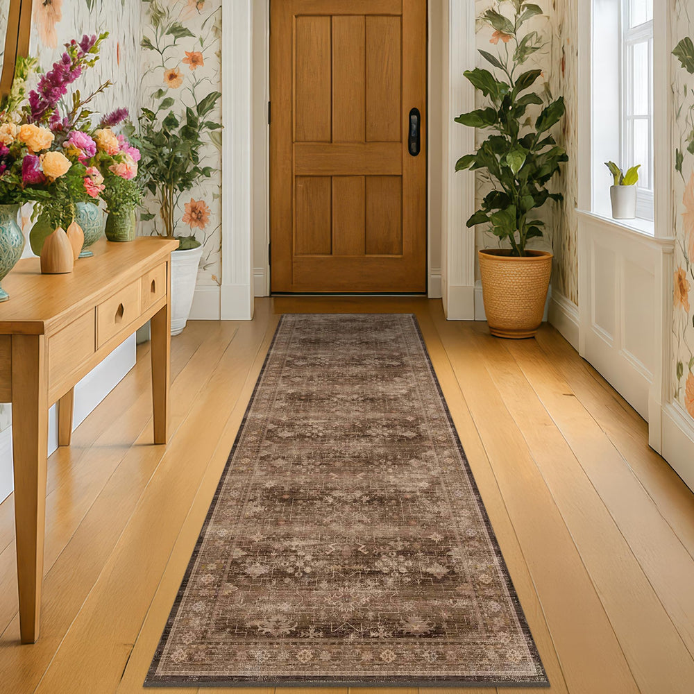 Hazo Haus vue avant du tapis brun boho, ajoute chaleur décorative