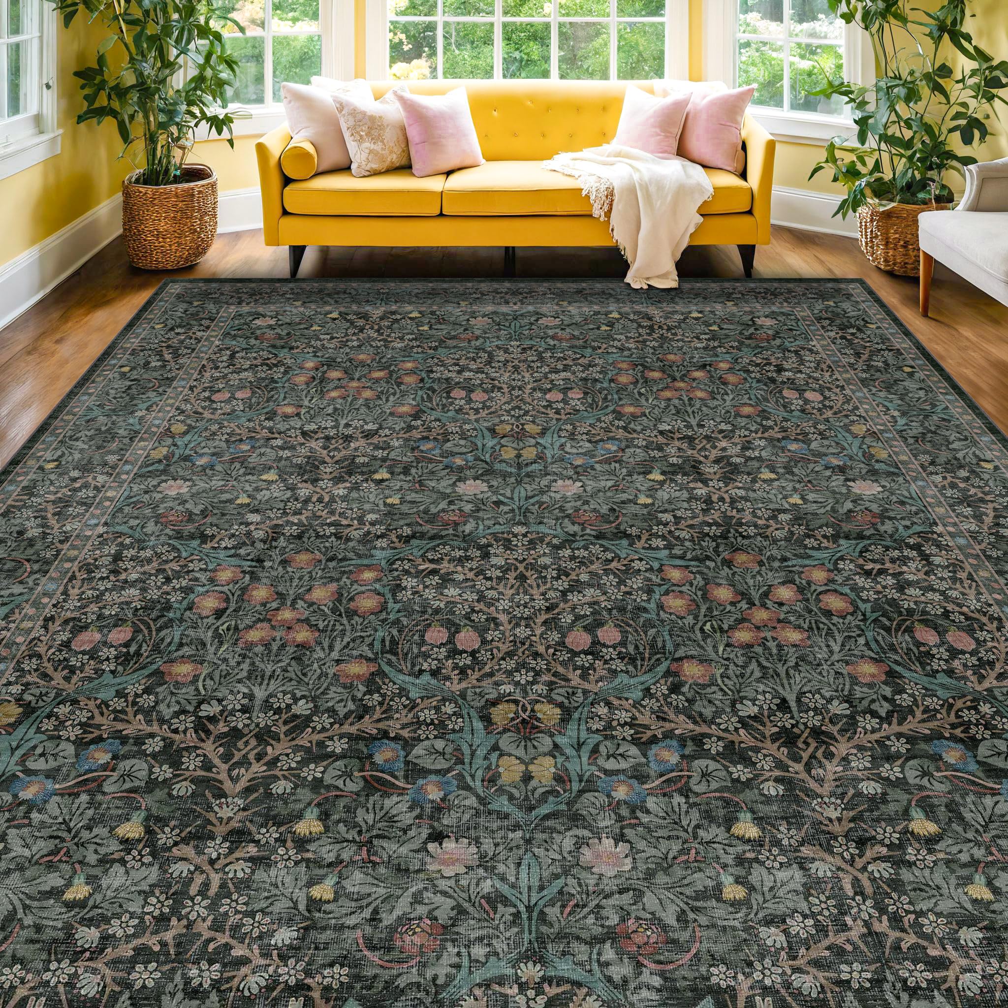 Hazo Haus tapis vert foncé déployé montrant le motif et bienfaits décoration