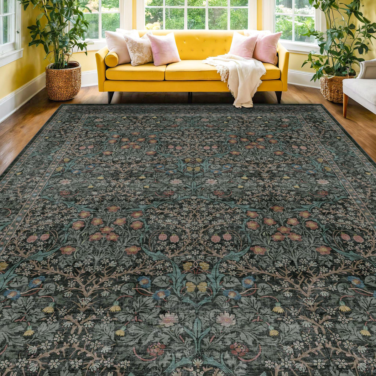 Hazo Haus tapis vert foncé déployé montrant le motif et bienfaits décoration