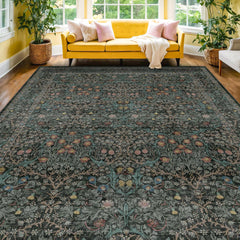 Hazo Haus tapis vert foncé déployé montrant le motif et bienfaits décoration