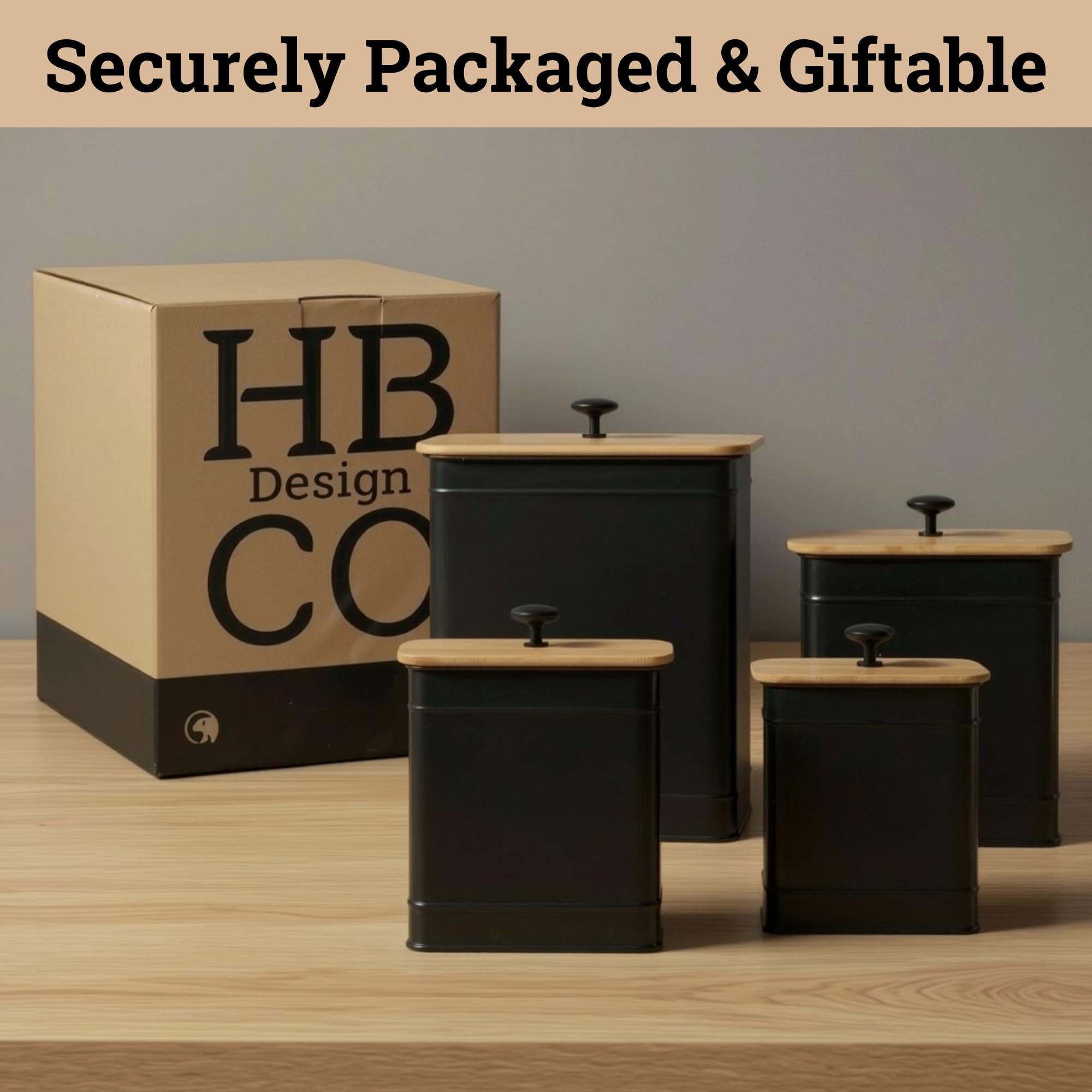 HB Design Co. bocaux remplis de farine, sucre et café montrant usage quotidien