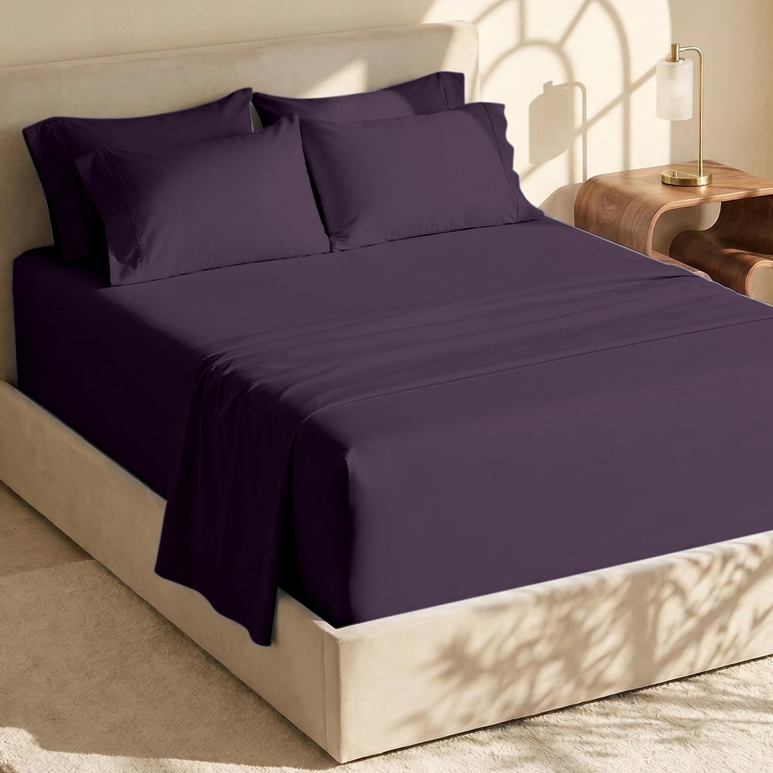 Hearth & Harbor packaging face montrant la parure eggplant et l’offre 6 pièces