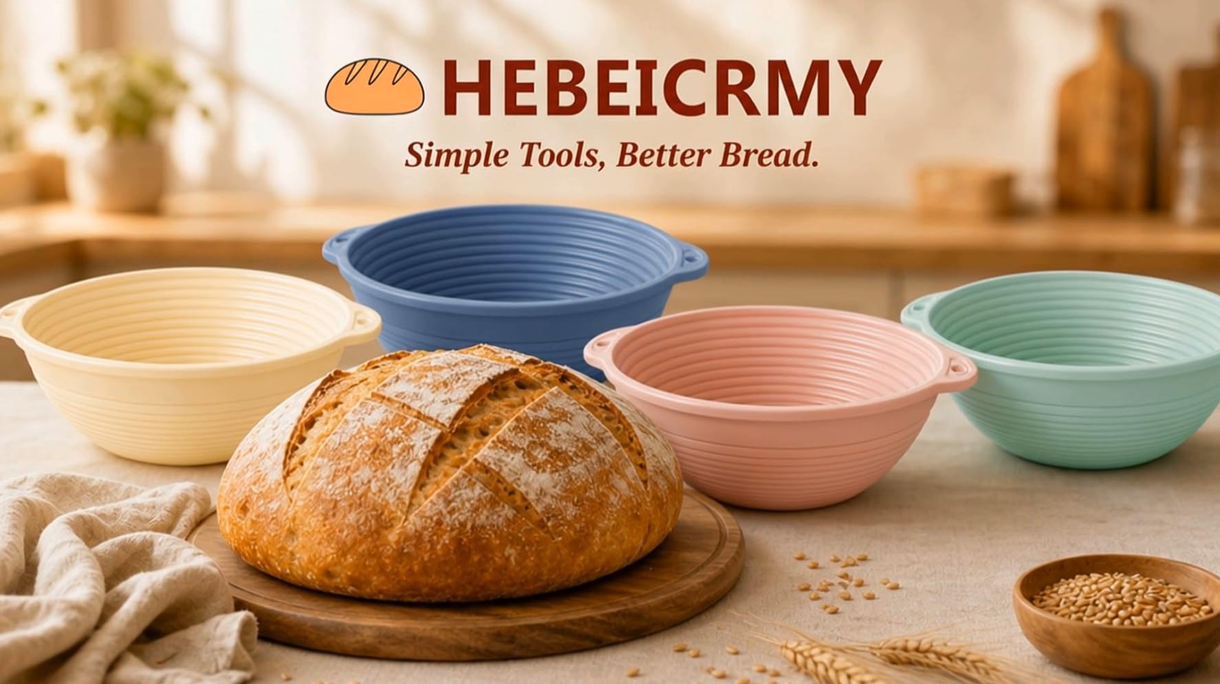 HEBEICRMY banneton posé dans une cuisine, solution pratique pour boulangers maison