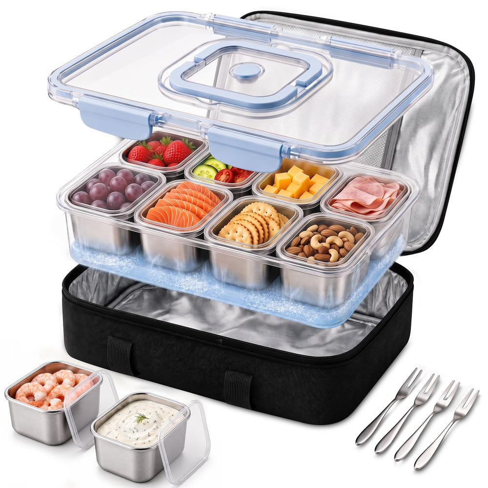 Helecors boîte ouverte montrant 8 pots inox pour organiser snacks