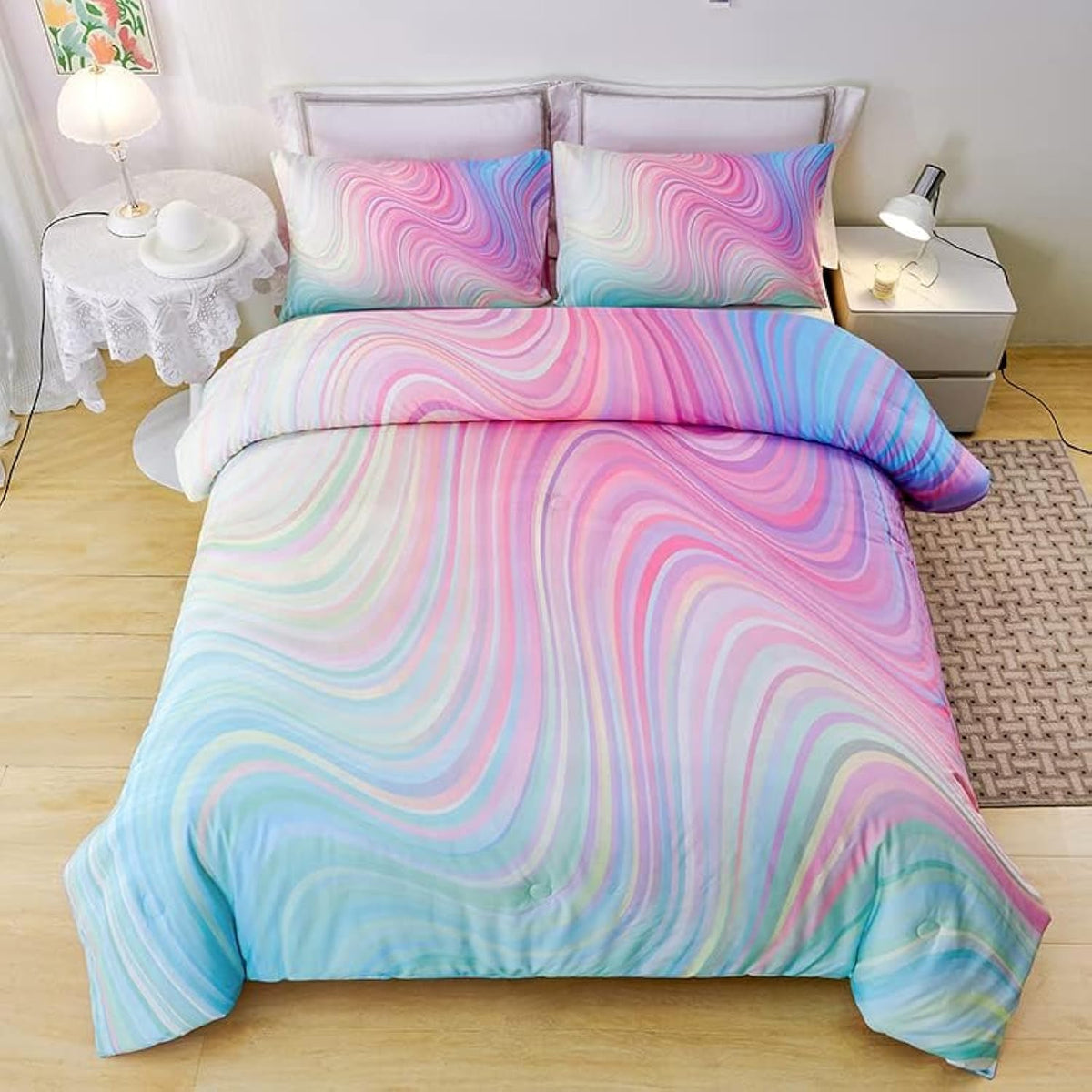 Helloosuu couette face avant rose tie-dye montrant un motif vif et accueillant