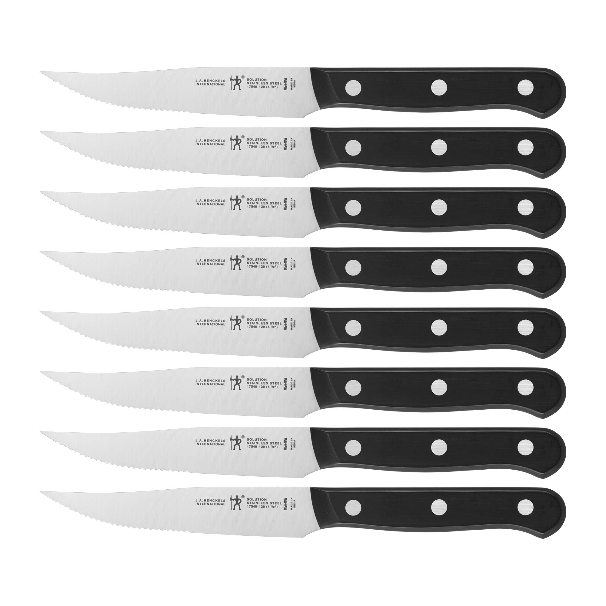 HENCKELS ensemble avant montrant 8 couteaux à steak et finition satinée bénéfice coupe précise