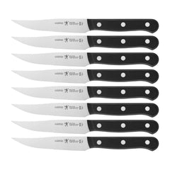 HENCKELS ensemble avant montrant 8 couteaux à steak et finition satinée bénéfice coupe précise