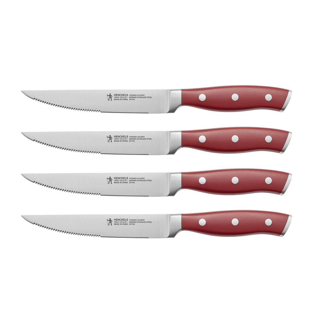 HENCKELS vue frontale du set de 4 couteaux, design rouge durable