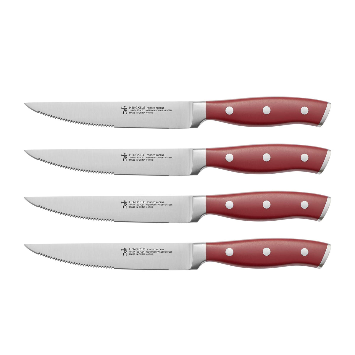 HENCKELS vue frontale du set de 4 couteaux, design rouge durable
